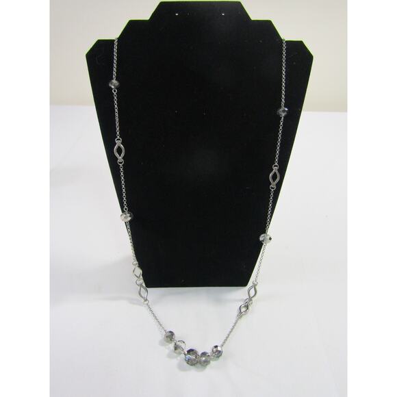 Gray Hematite Glass Crystal Silver Tone Necklace 32" Cottagecore Y2K Long Chain - Picture 1 of 8
